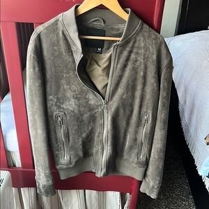 Blank NYC Suede Bomber Jacket in Taupe